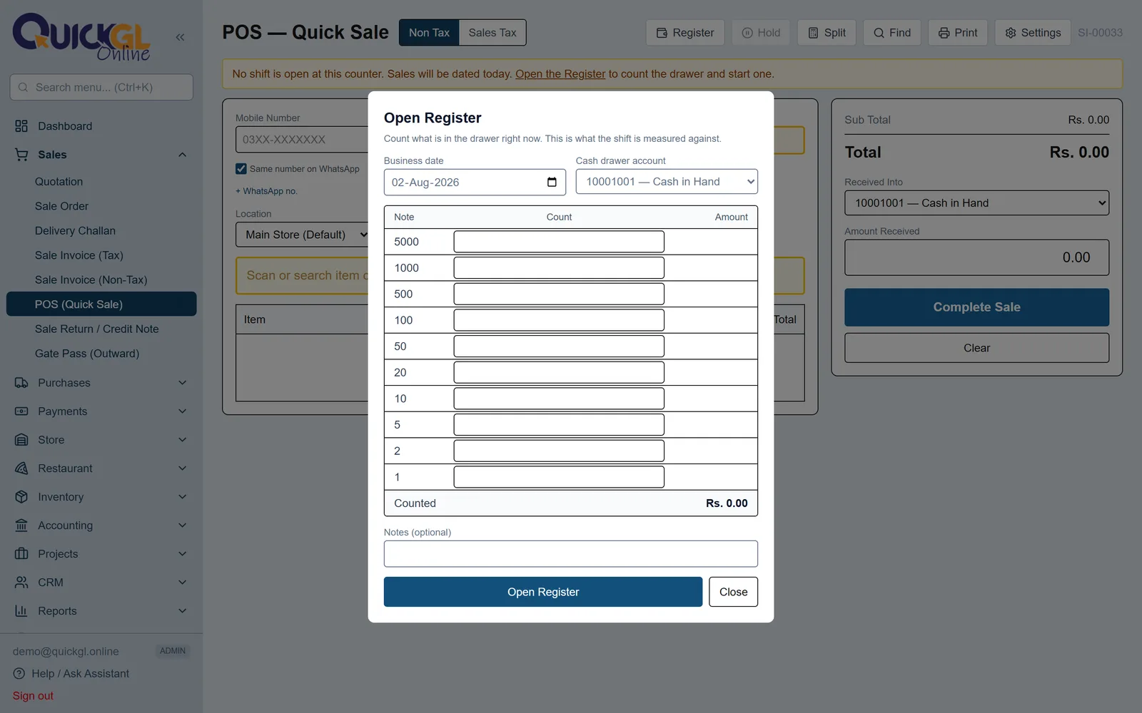 Register — the cash drawer