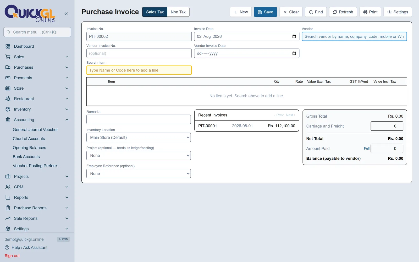 Purchase Invoice — buying stock