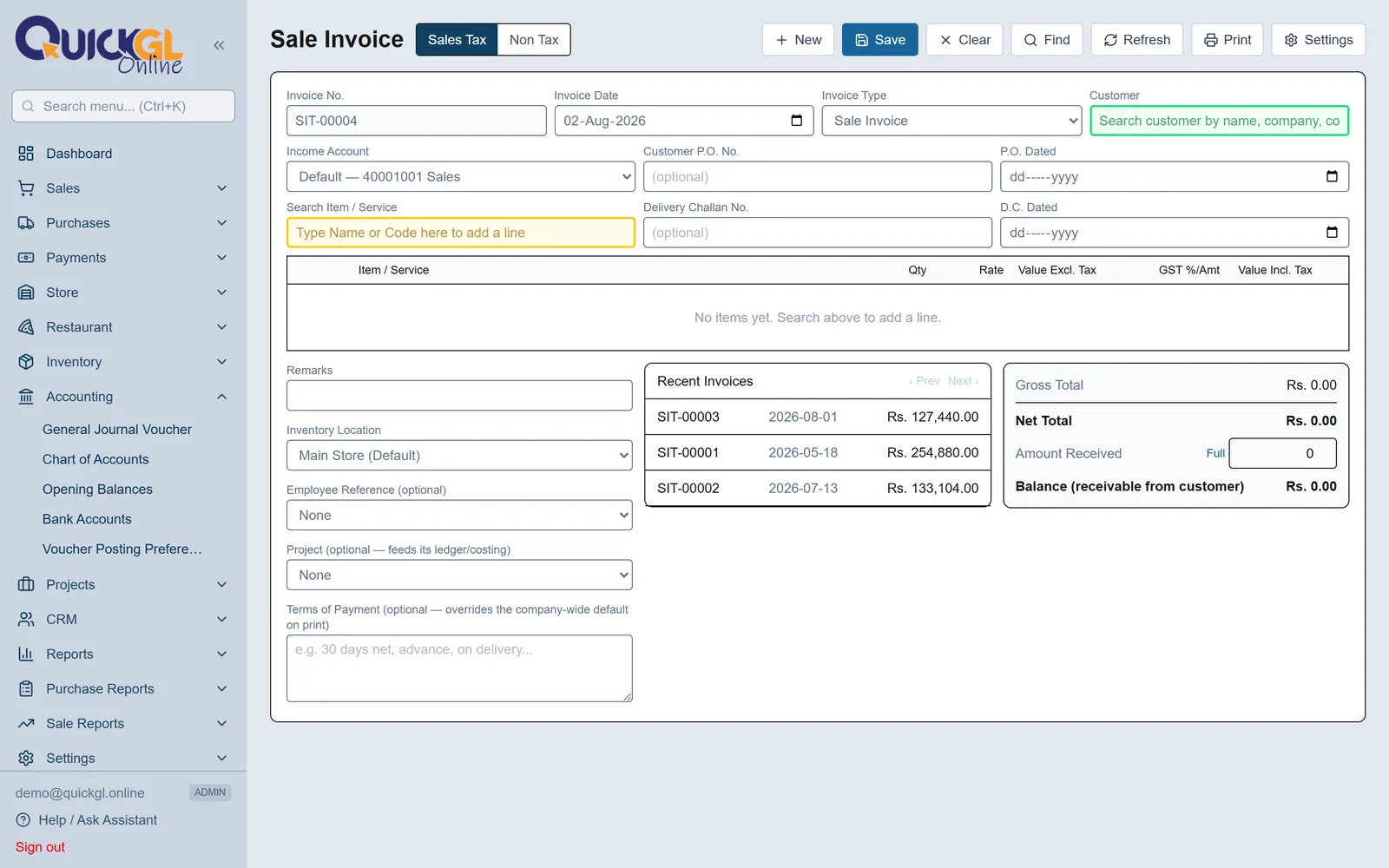 Sale Invoice — selling